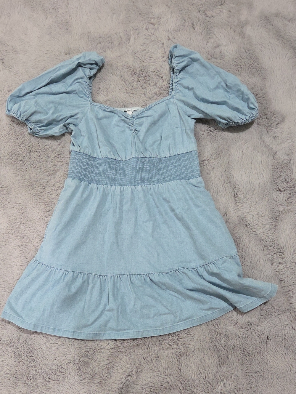 Bar III Light Blue Denim Smocked Waist Puff Sleeve Dress